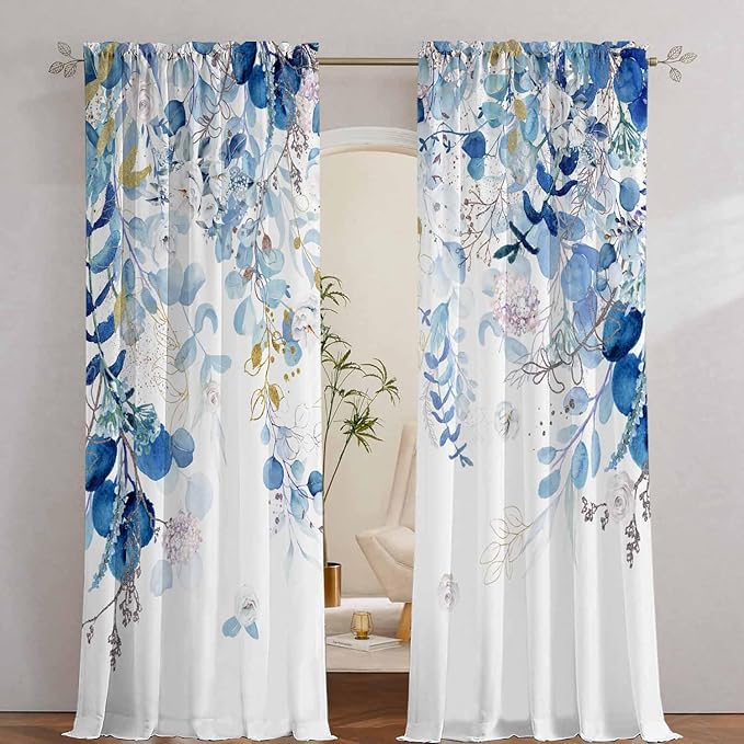 Blue Botanical Curtains 96 Inches Long by GOLDLAWN