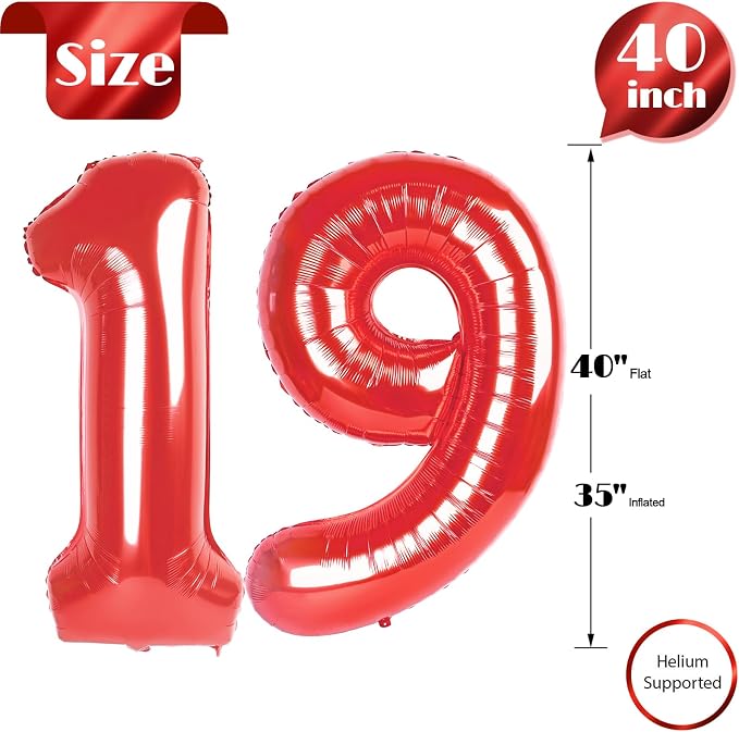 Red 19 Balloon - Number Balloon 40 Inch, 19th Red Birthday Decorations | Large - Image 5