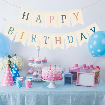Doumeny Happy Birthday Burlap Banner Boho Birthday Bunting Garland Blue Pink - Image 5
