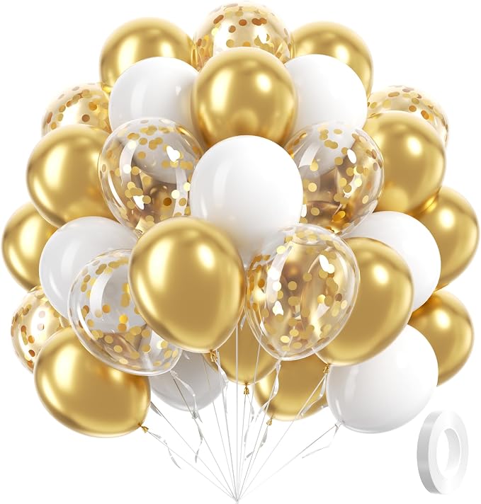 60pcs Gold and White Balloons 12inch by Awenztech