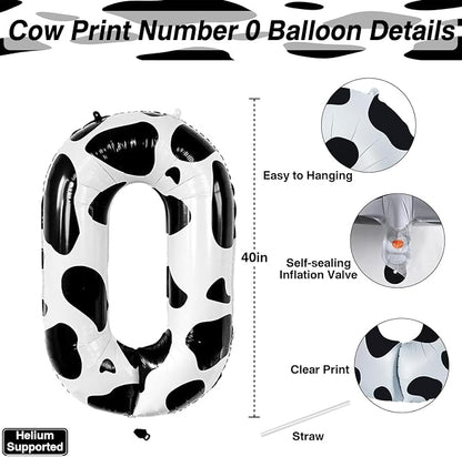 40 Inch Cow Print Number 0 Balloon, Large Black & White Foil Mylar Number - Image 3