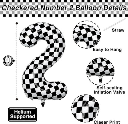 40 Inch Checkered Number 2 Balloon, Large Black and White Foil Number Balloon - Image 4