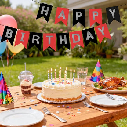 Hooqict Happy Birthday Banner Red Silver Black Happy Birthday Decorations - Image 3