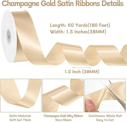 woric Champagne Gold Ribbon 1 1/2 Inch 60 Yards | Wide Gift Satin Ribbons Gold - Image 2