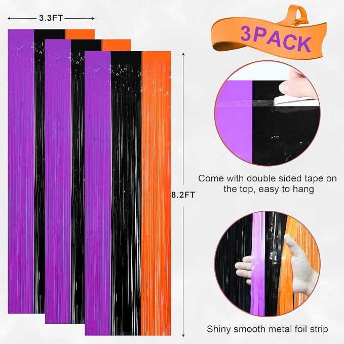 Voircoloria Halloween Foil Fringe Backdrop Curtains, 3 Pack | Tinsel Streamers - Image 2