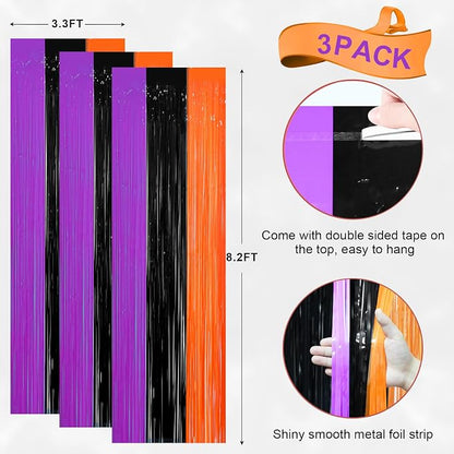Voircoloria Halloween Foil Fringe Backdrop Curtains, 3 Pack | Tinsel Streamers - Image 2