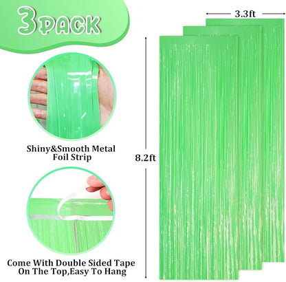 Voircoloria Pastel Green Foil Fringe Backdrop Curtains, 3 Pack | Tinsel - Image 2