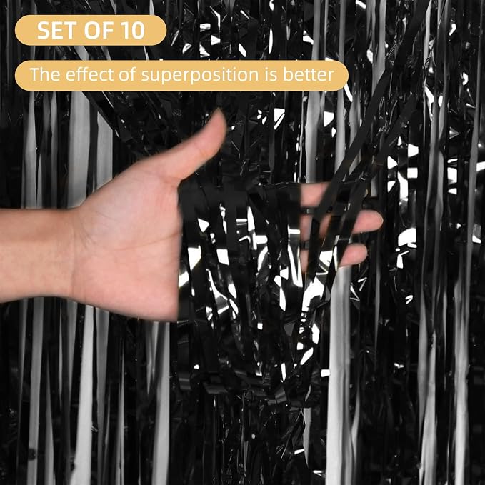 10 Pack Black Foil Curtain Backdrop 3.2ft x 9.8ft Metallic Tinsel Foil Fringe - Image 2