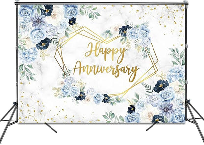 Happy Anniversary Backdrop 7x5ft Blue and White Flowers Wedding Anniversary - Image 2