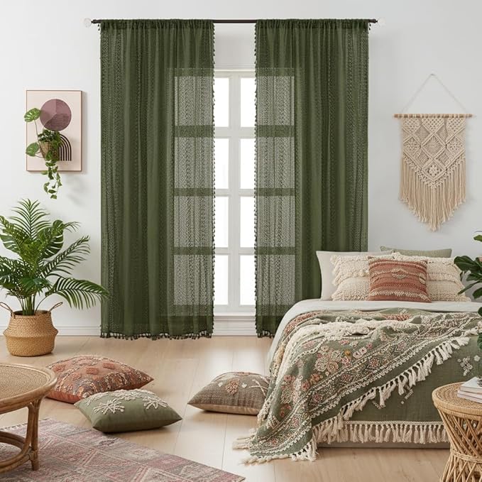 WAZZIO Boho Lace Curtains 84 Inches 2 Panel, Light Filtering Privacy Tassel & - Image 2