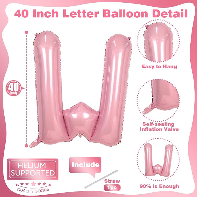 Pastel Pink W Balloon, 40 Inch Giant Baby Pink Mylar Helium Foil Letter W - Image 2
