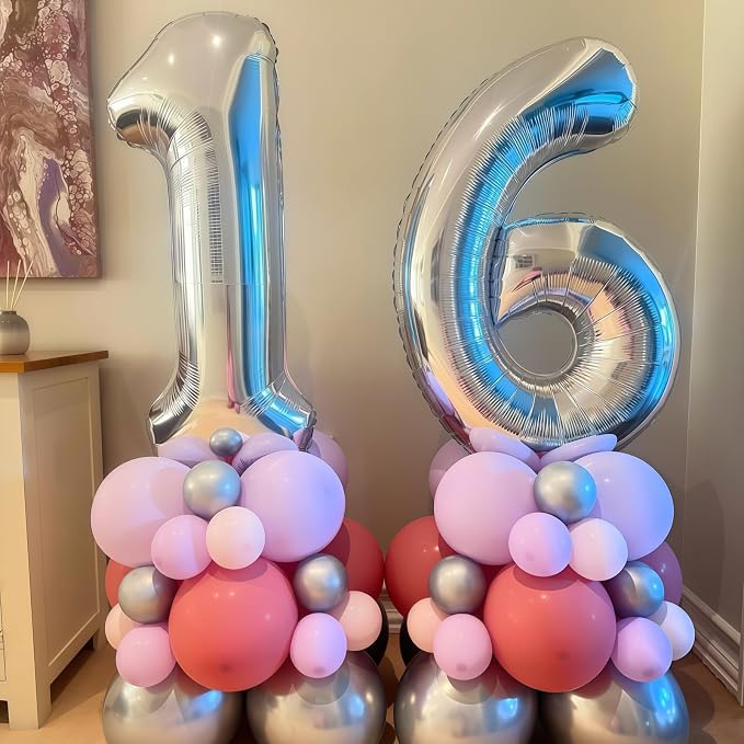 40 Balloons Silver, Giant Number 4 & 0 Helium Foil Balloon - Image 6