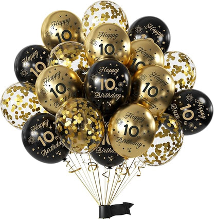 Black Gold 10th Birthday Balloons Pack of 15 Boys Girls Happy 10th Birthday by Hongplus