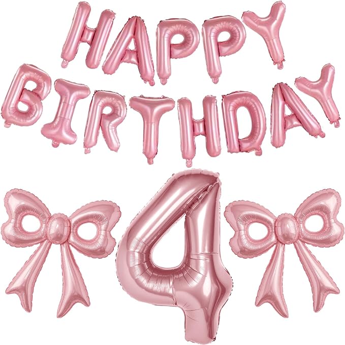 Bow Number 4 Birthday Balloons, Coquette Party Decorations Supplies by BSRESIN