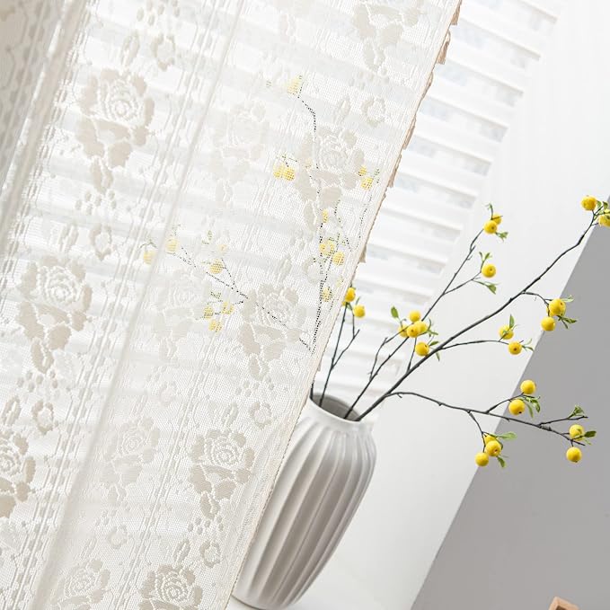 Sutuo Home Boho Kitchen Curtains Crochet Florals Embroidery, Bohemian Sheer - Image 8