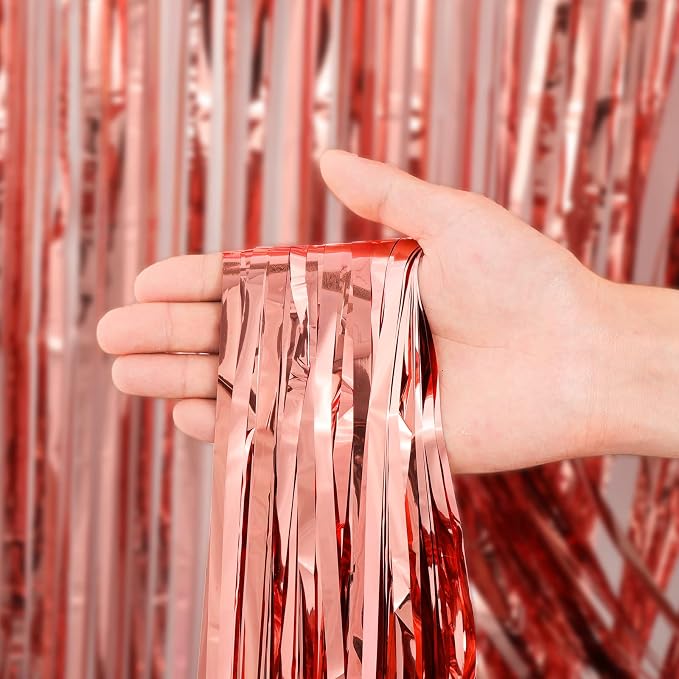 Voircoloria Rose Gold Foil Fringe Backdrop Curtains, 3 Pack | Tinsel Streamers - Image 2