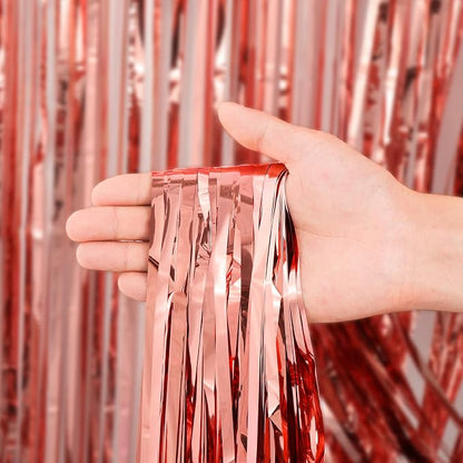 Voircoloria Rose Gold Foil Fringe Backdrop Curtains, 3 Pack | Tinsel Streamers - Image 2