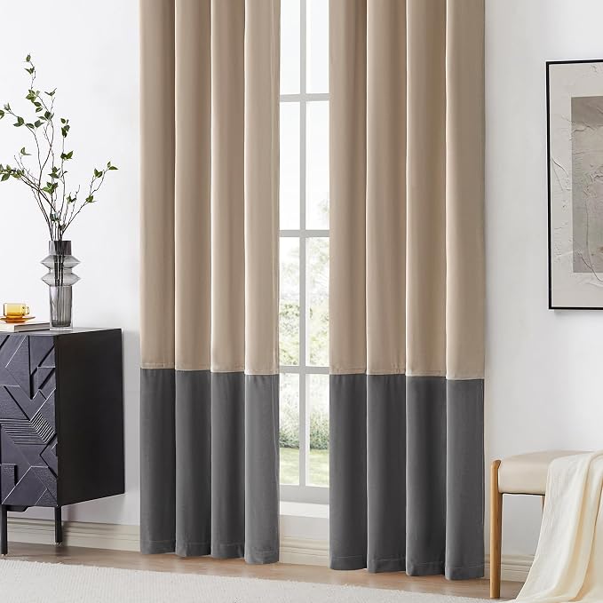 BULBUL Luxury Color Block Velvet Curtains 84 inch Long- Champagne Gray | Modern - Image 4