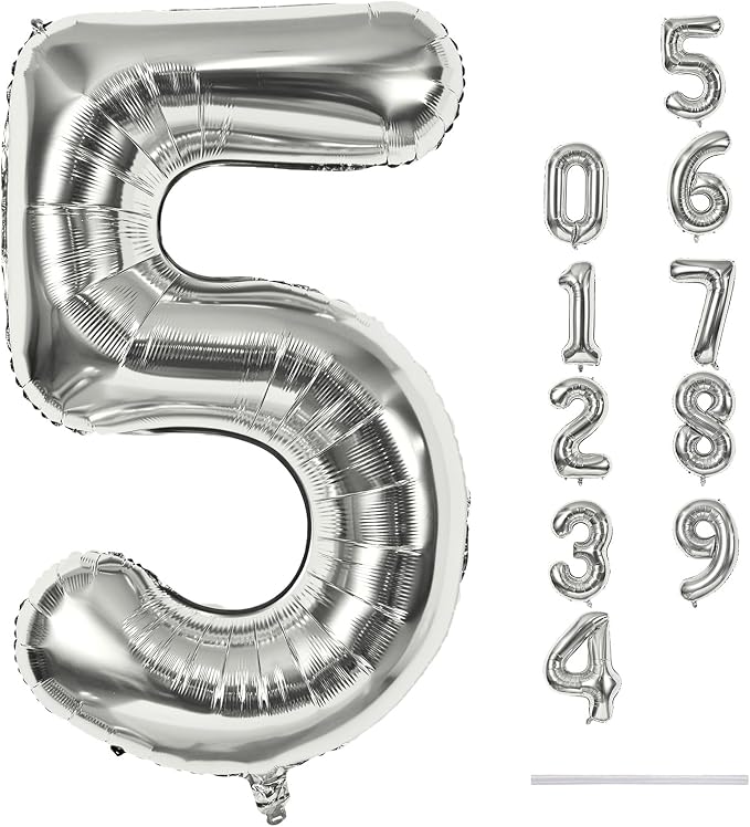 40 Inch Silver Large Numbers Balloons 5, Self Inflating Digit 5 Helium Balloons by Lingqiang