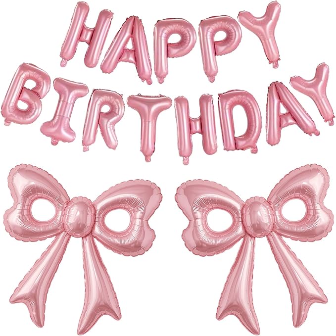 Pink Happy Birthday Balloons, 31”Huge Pink Bow Aluminum Foil Balloons by BSRESIN