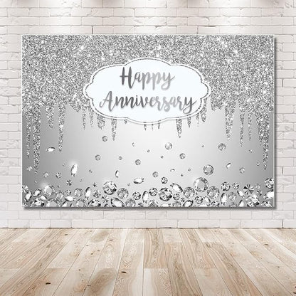 AIBIIN 8x6ft Happy Anniversary Backdrop Silver Dripping Glitter Crystals - Image 3