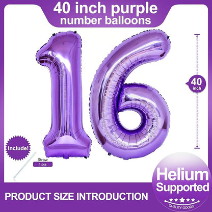 Number 16 Purple Balloons 40 Inch Giant Purple 16 Number Foil Helium Balloons - Image 2