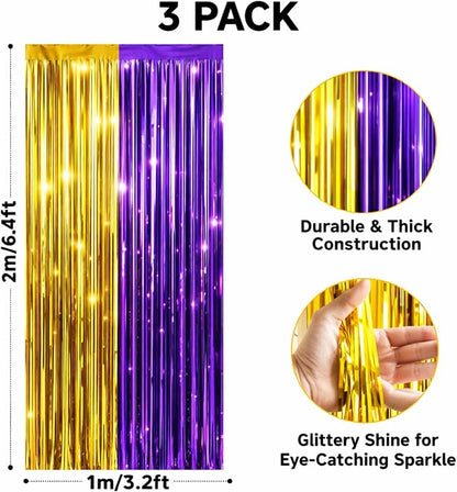 jijAcraft Purple Gold Tinsel Foil Fringe Curtain, 3 Pack 3.2x6.5 Feet - Image 2