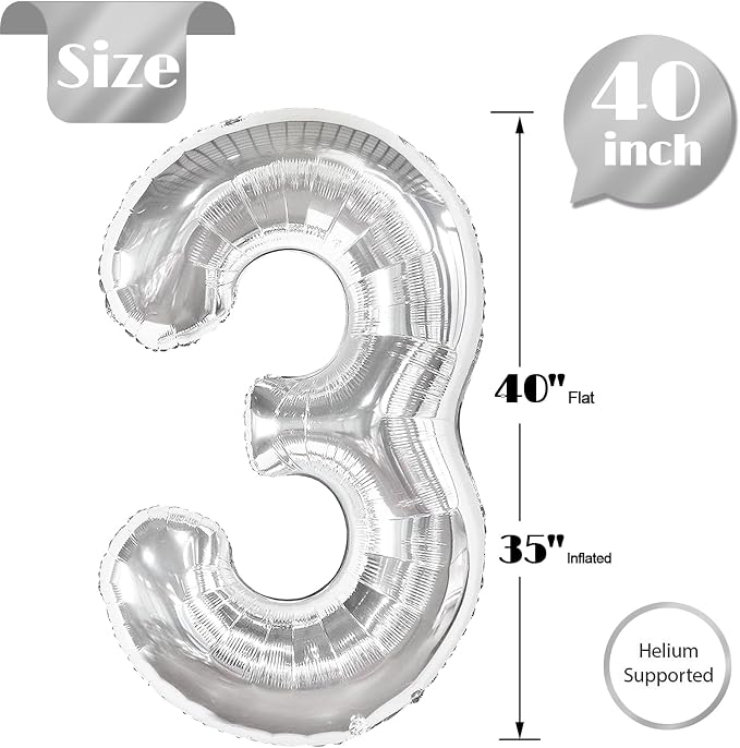 Silver Number 3 Balloon 40 Inch, 3rd Birthday Party Decorations Men Women | - Image 5