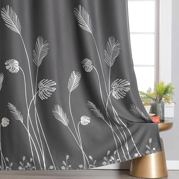 Light Blocking Curtains Silver Palm Tree Pattern Blackout Curtains Grommet Room - Image 3