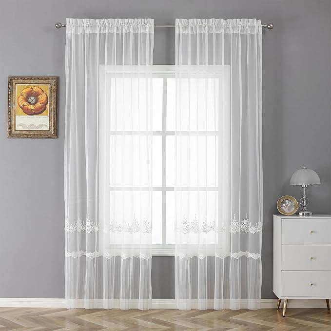 White Sheer Voile Curtains White Embossed European 54Wx96L Inch | Light - Image 2