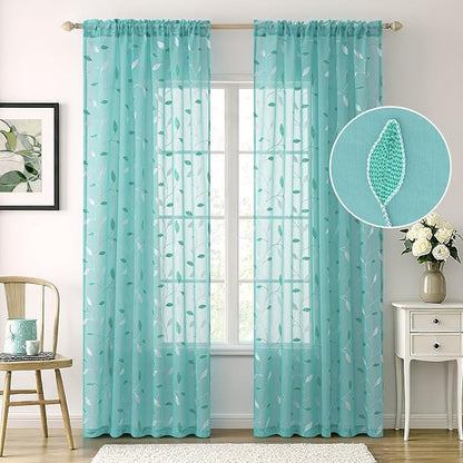 MIULEE Turquoise Sheer Curtains 2 Panels Leaf Patterned, W52 x L96 | - Image 2