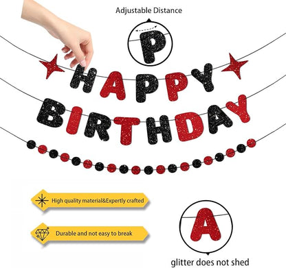 Red and Black Happy Birthday Banner Glitter Garland - Image 3