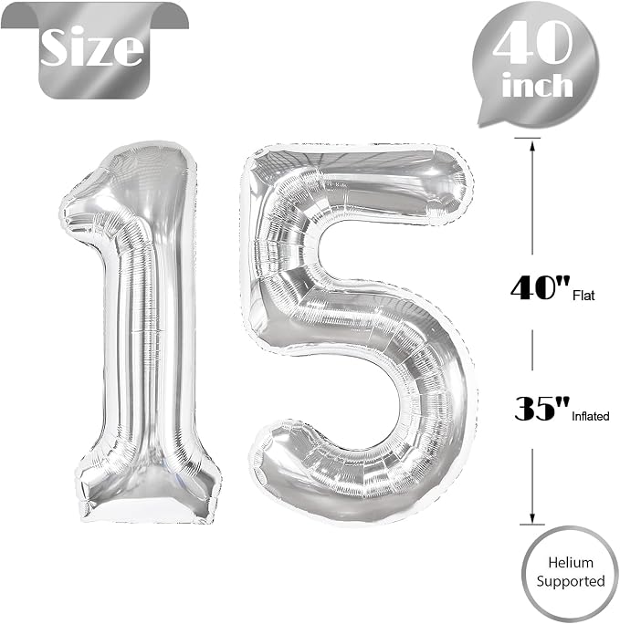 Silver Number 15 Balloon 40 Inch, 15th Birthday Decorations Men Women | Foil - Image 5
