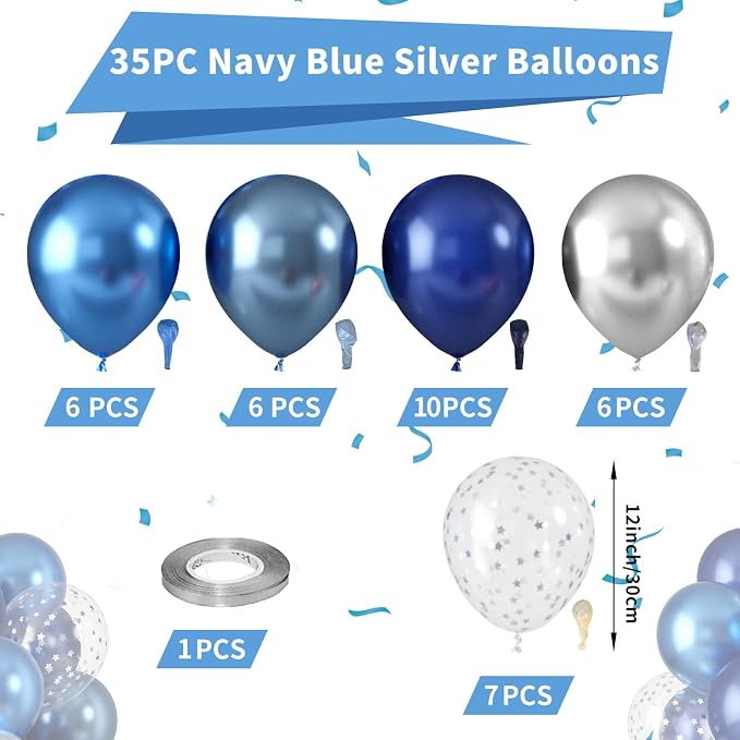 Blue Silver Balloons, Pearl Navy Balloon Metallic Light Blue and Silver Balloons - Image 2