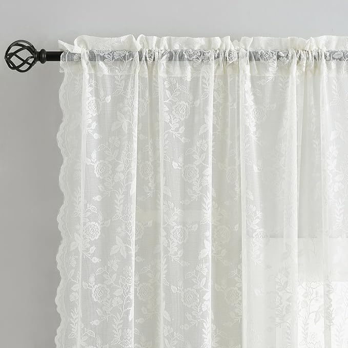 FINECITY Ivory Floral Lace Curtains - Image 2