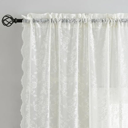 FINECITY Short Ivory Floral Lace Kitchen Curtains W42xL36 Inch, 2 Panels | Rod - Image 4