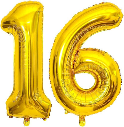 Gold 16 Number Balloons, 40 Inch Giant Number 16 Balloons Foil Mylar Helium by Lovoir