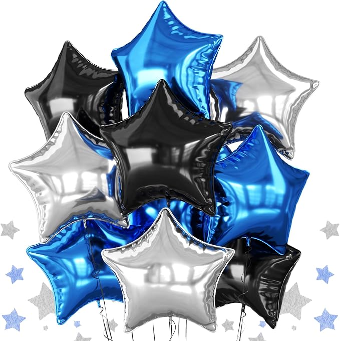 Blue Black Silver Star Foil Balloons, 18 Inch Metallic Star Pentagram Balloons by BIAPIAN