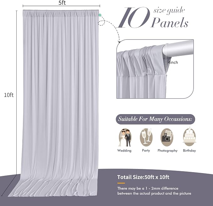 50 ft x 10 ft Wrinkle Free Silver Backdrop Curtain - Image 6