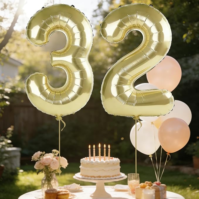 40 Inch Number 32 Balloons for 32nd Birthday Party Decorations, 0-100 Champagne - Image 3