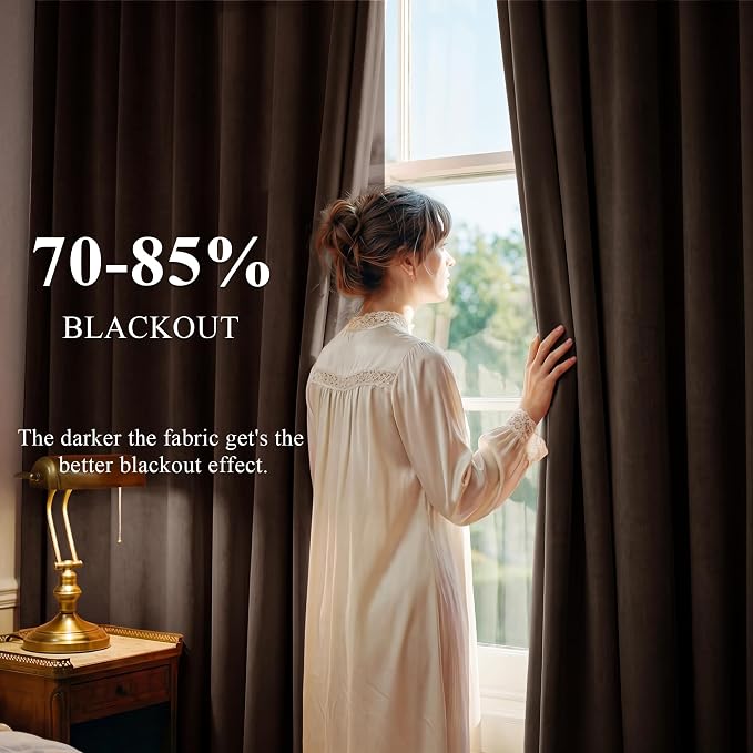 Brown Velvet Curtains Blackout for Living Room, W52 x L96, 2 Panels | 300GSM - Image 3