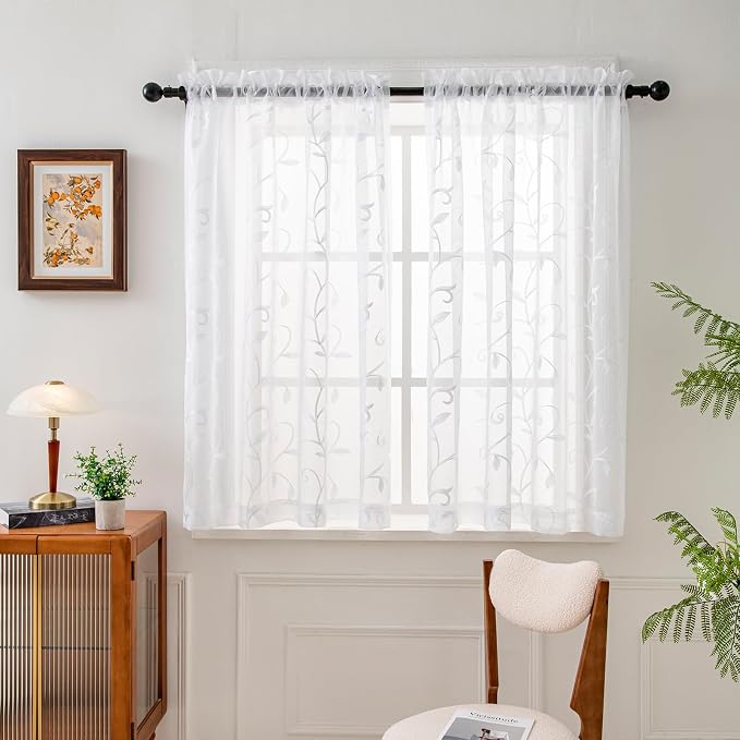 White Sheer Curtains Embroidered Leaves 2 Panels 54Wx54L | Light Filtering by VISIONTEX
