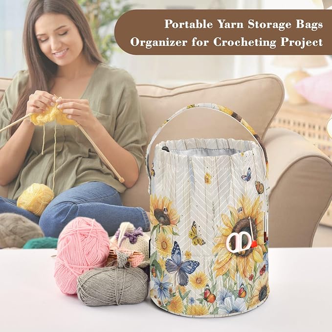 Watercolor Cornflower Sunflower Yarn Bag Small Crochet Bag Drawstring Yarn - Image 4