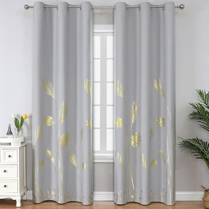 Light Grey Blackout Curtains for Living Room Gold Palm Tree Design Light by ESTELARTEXTILER
