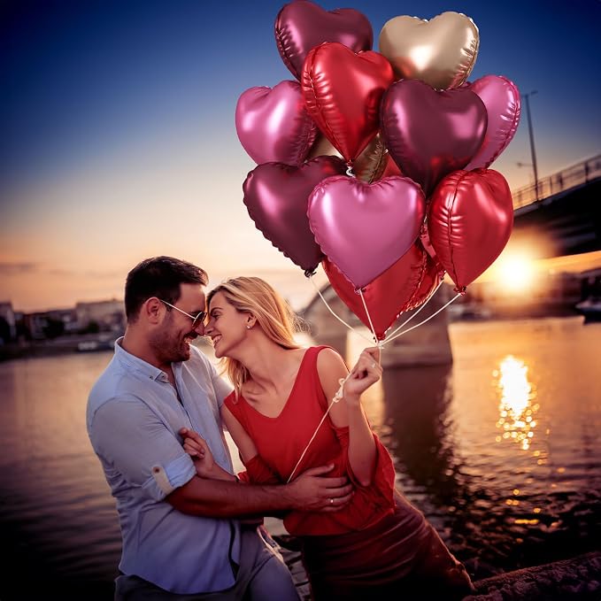 Wine Red Heart Balloons, 18 Inch 12 Pcs Burgundy Red and Pink Foil Heart - Image 4