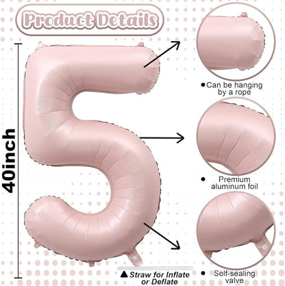 Light Pink Number Balloon 5, 40 Inch Large Self Inflating 5 Foil Number - Image 2