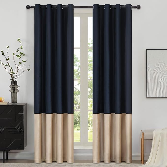 Navy Beige Velvet Blackout Curtains Luxury Decor 108 inches, Color Block | by ModernShinyVelvetCurtains