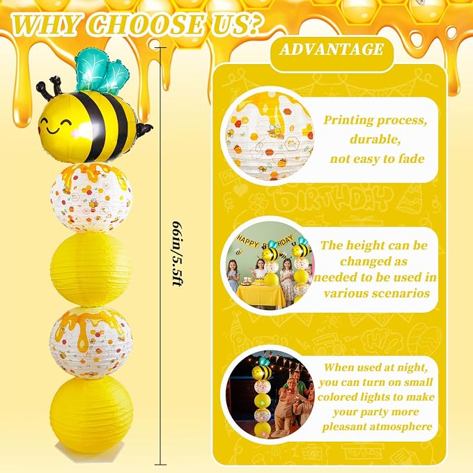 Bee Balloon Stand & Paper Lantern 2 Sets 5.5ft Bees-themed party decoration | - Image 3