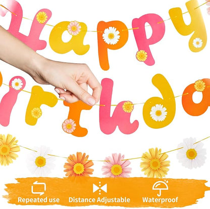 SUNBEAUTY Flower Daisy Happy Birthday Banner Groovy Party Banners Groovy Party - Image 3