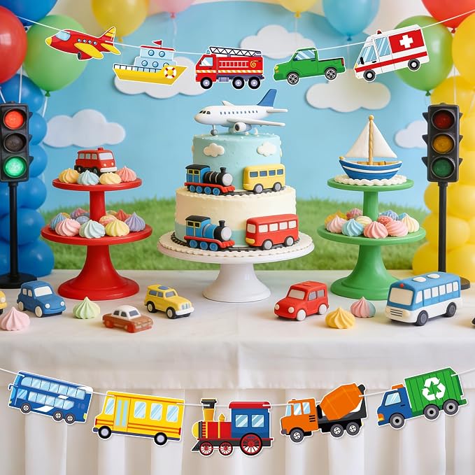 Hooqict Happy Birthday Banner Transportation Birthday Decorations Car Train - Image 3